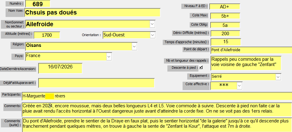 Voie `chsuis pas doués`, à la Draye d`Ailefroide