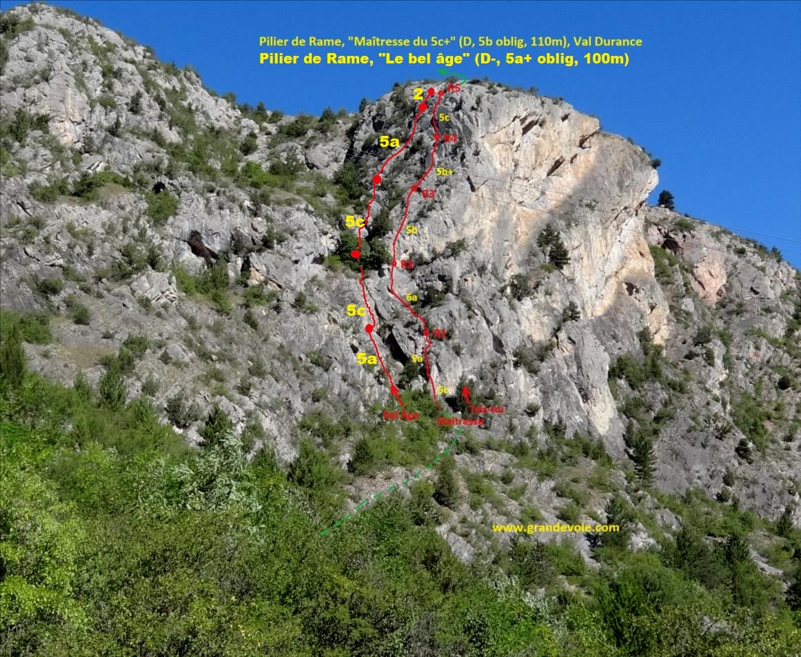 Pilier de Rame, voies `Le bel âge` et `Maîtresse du 5c+`, Haute-durance